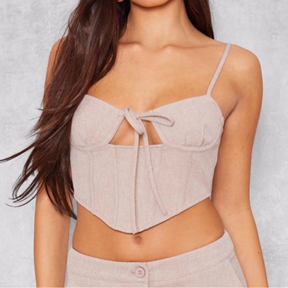 PLT linen like strappy cut out tie front corset crop top Beige Size 8 NWT